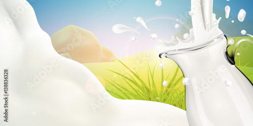 Milk pouring in transparent glass jug on bright background realistic vector illutration