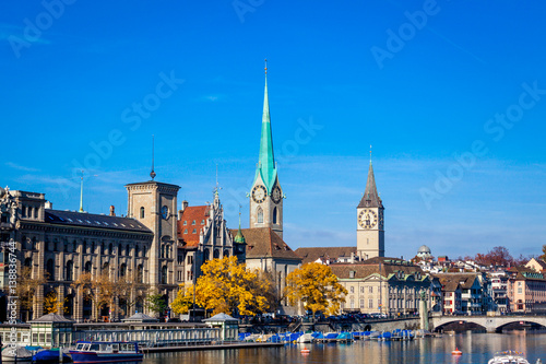 Switzerland. Panorama of Zurich with lake with boats on foreground