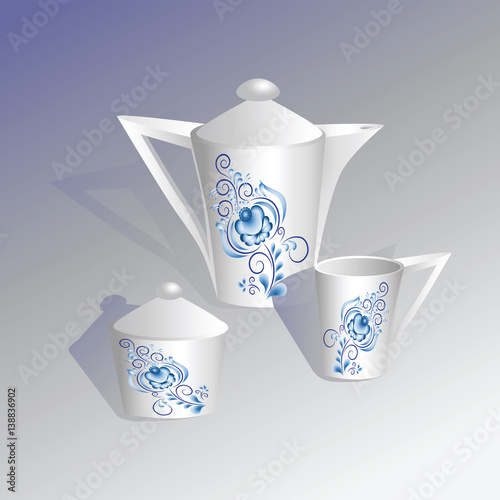 Tea set. Gzhel. Template design in ethnic style Gzhel porcelain painting with flowers branches and leaves. Vector illustration