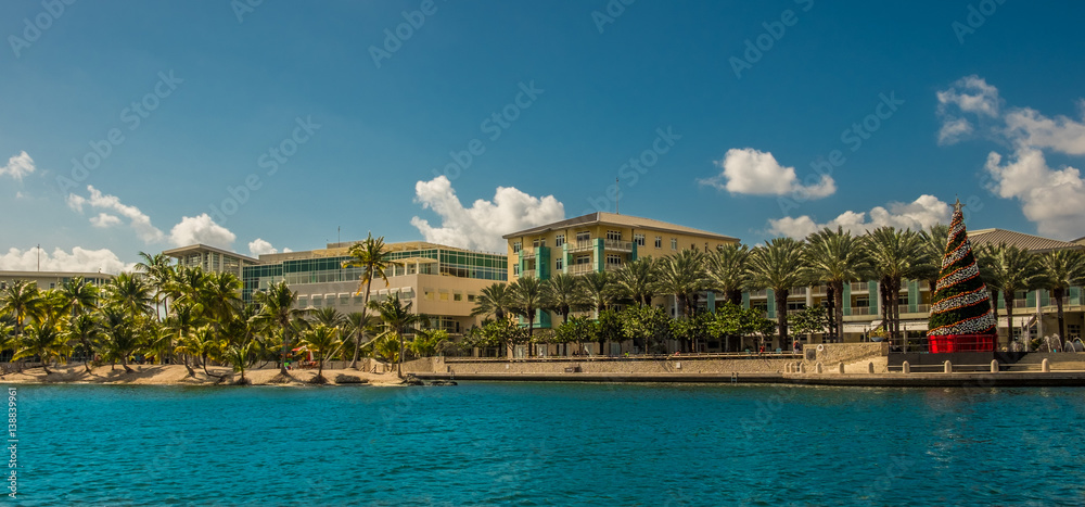 Panoramic view of Camana Bay waterfront from the Caribbean Sea, Grand Cayman, Cayman Islands