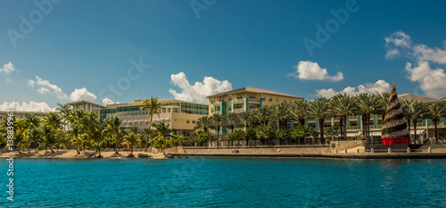 Panoramic view of Camana Bay waterfront from the Caribbean Sea, Grand Cayman, Cayman Islands
