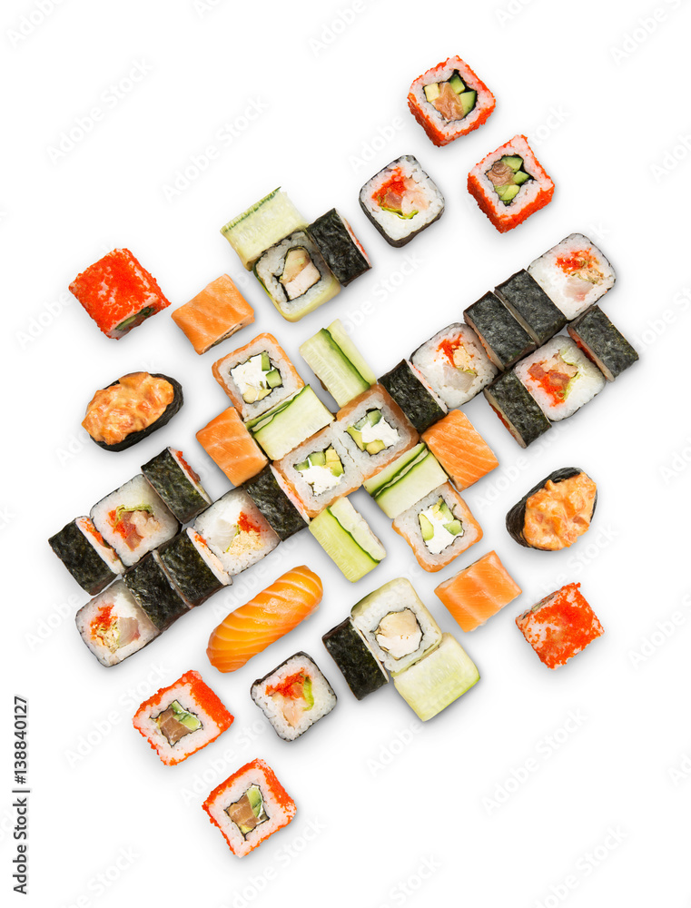 Set Of Sushi Maki And Rolls Isolated On White Background Stock Photo Adobe Stock Set Of Sushi Maki And Rolls Isolated On White Background Stock Photo Adobe Stock