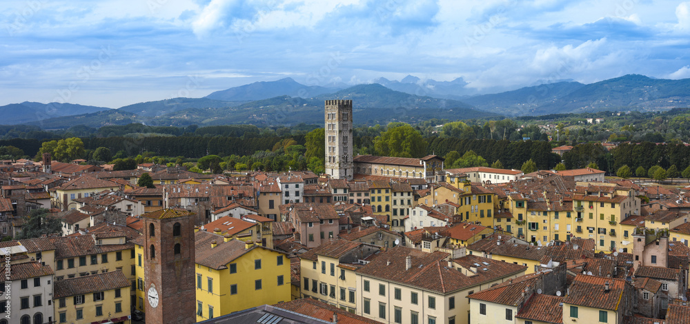 View from Torre Guinigi to the old town of Lucca. Basilica of San Frediano_Tuscany, Italy