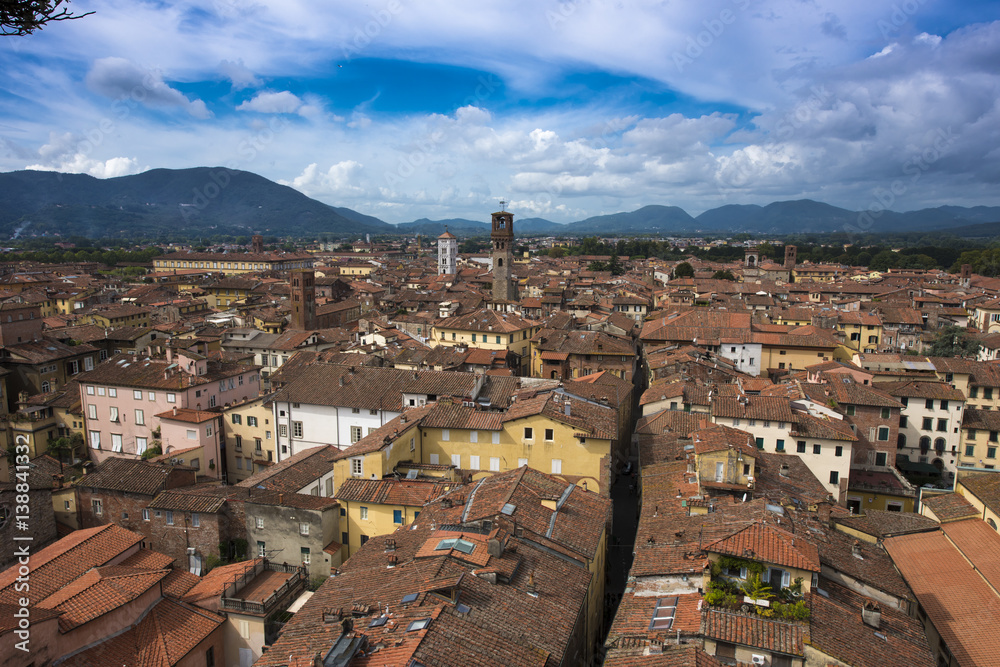 Naklejka premium View from Torre Guinigi to the old town of Lucca, Tuscany, Italy
