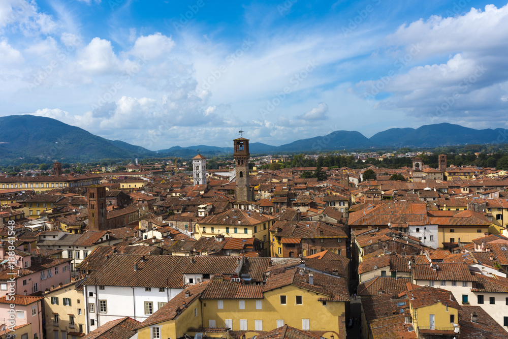 View from Torre Guinigi to the old town of Lucca, Tuscany, Italy