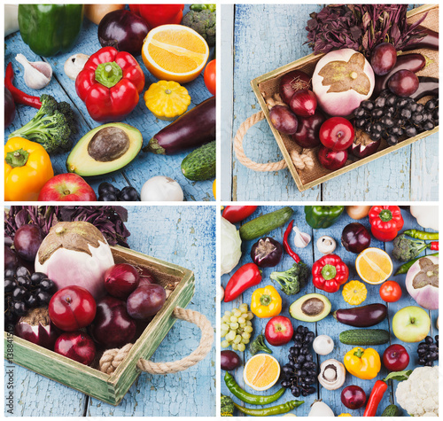 Foto Collage from different colorful vegetables and fruits on the wooden background
