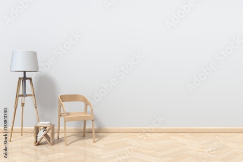 A reading corner with a chair and a lamp on the wooden floor behind White,3D rendering
