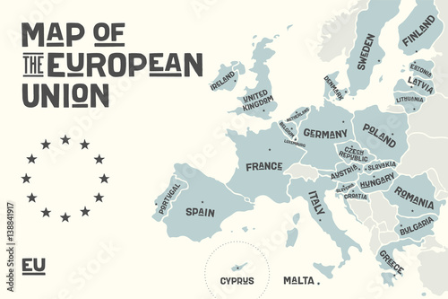Poster map of the European Union with country names and capitals. Print map of EU for web and polygraphy, on business, ecomomic, political, Brexit and geography themes. Vector Illustration