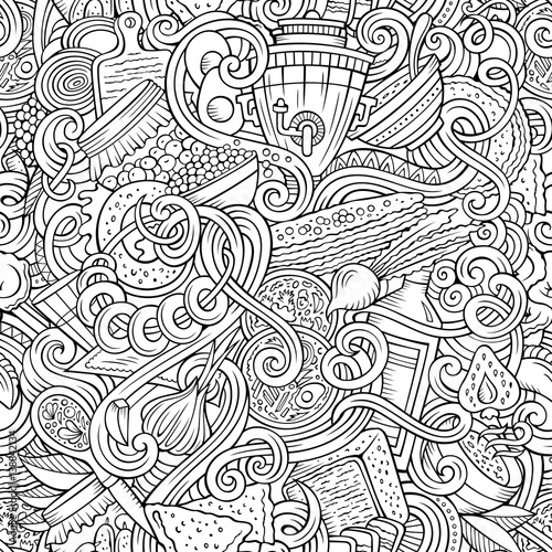 Cartoon doodles Russian food seamless pattern