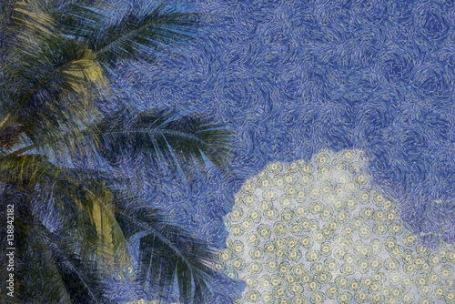 Top of coconut palm against a sky with fluffy white clouds in the style of van gogh