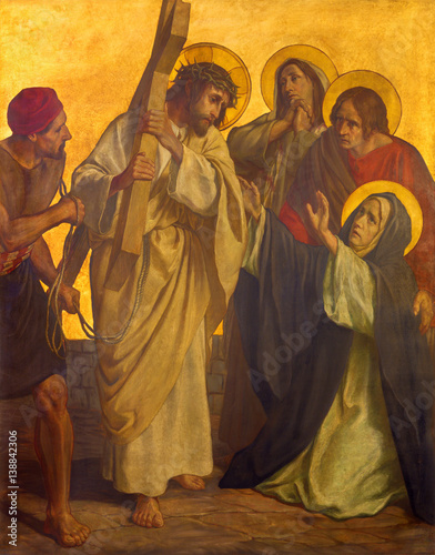 BERLIN, GERMANY, FEBRUARY - 16, 2017: The paint on the metal plate - Jesus meet his Mother Mary in church St. Matthew by Philipp Schumacher (1907 - 1915).