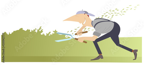 Gardener cartoon illustration. Comic man cuts the bushes using scissors
