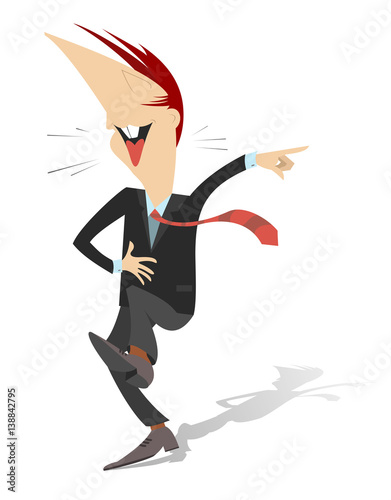 Laughing man. The man laughs and points a finger to something
