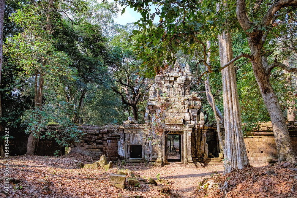 Mysterious gopura on woods background near Baphuon temple in Angkor Thom Complex, Siem Reap, Cambodia. Ancient Khmer architecture, famous Cambodian landmark, World Heritage