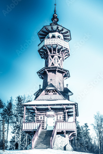 Jurkovičova rozhledna is located on the eastern edge of Rožnov pod Rahhoštěm. Stands on a hill over the Wallachian Museum in nature, at an elevation of 480 m a.s.l.