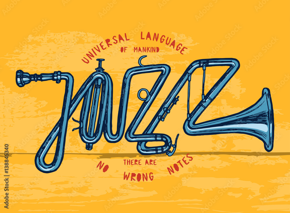 Fototapeta premium jazz trumpet print - jazz word made of trumpet - colorful t-shirt print.