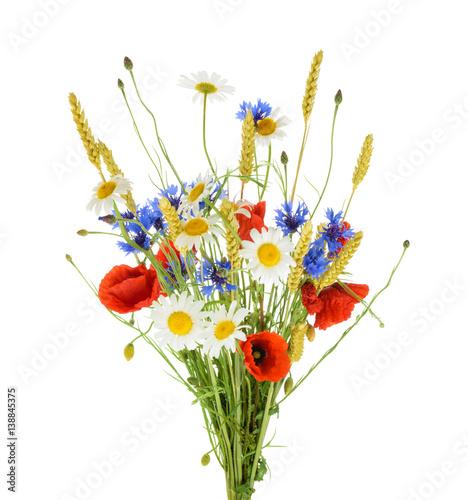 Fototapeta Naklejka Na Ścianę i Meble -  Bouquet of beautiful flowers (Cornflowers, chamomiles wheat and poppies) isolated without shadow
