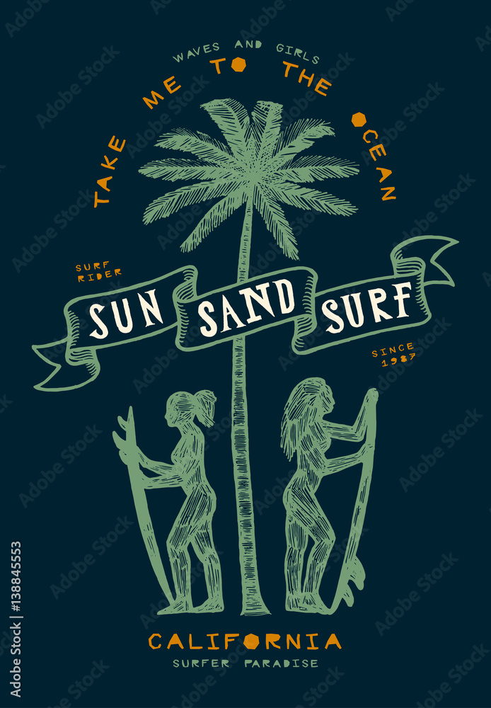 sun sand and surf - surfing girls on the bech with a palm-tree vintage print