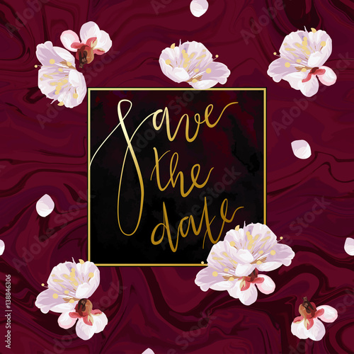 Trendy marble and spring flowers vector invitation template. Watercolor paint textured petals background. Natural stone, blossom plum tree and burgundy "marsala" vinous velvet textures.