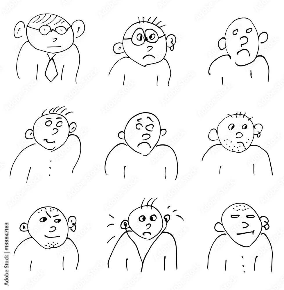 Hand-drawn doodle faces of men of different styles Hand-drawn doodle faces of men of different styles