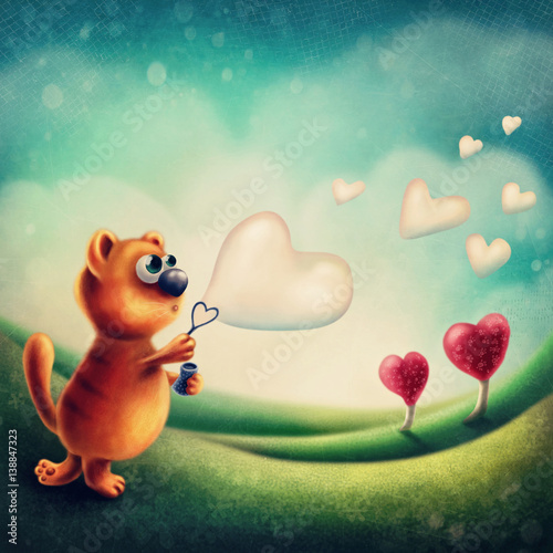 Fototapeta Naklejka Na Ścianę i Meble -  Red cat making soap bubble