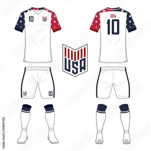 Set of soccer jersey or football kit template for United States of America national football team. Front and back view soccer uniform. Sport shirt mock up. Vector Illustration