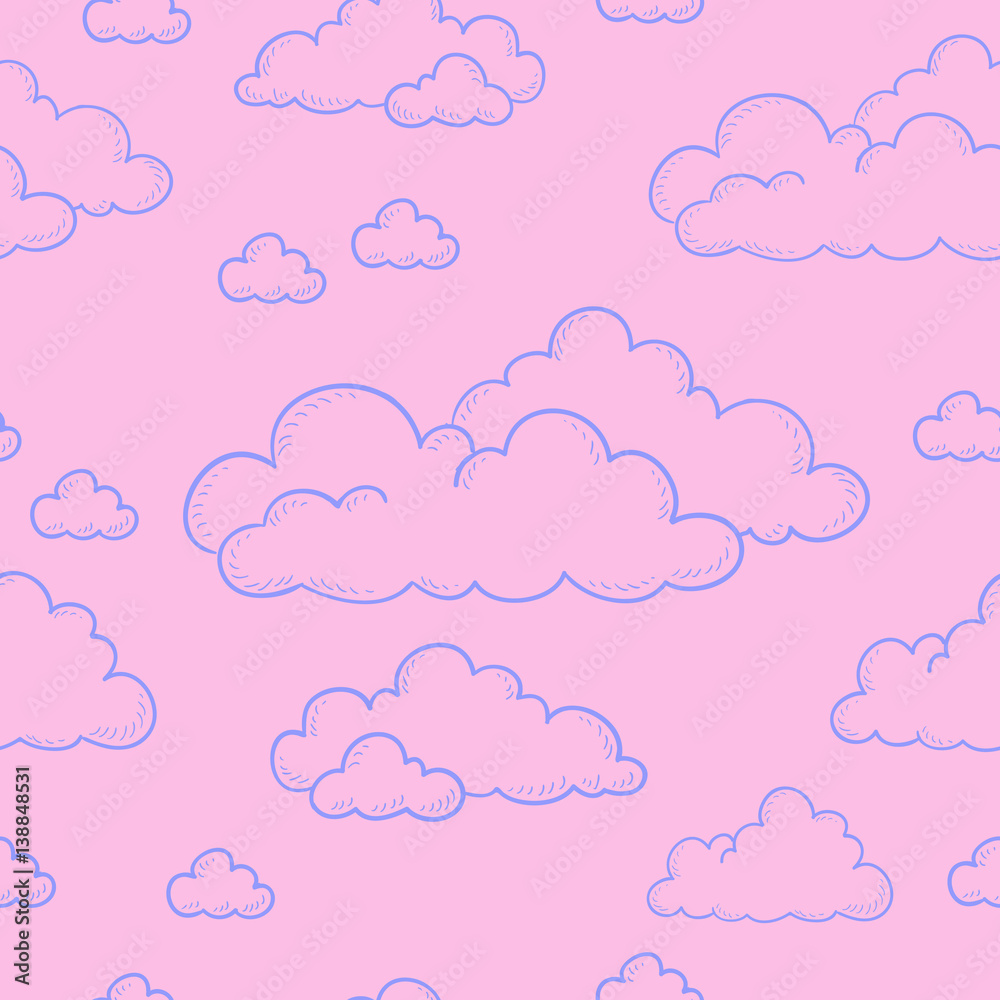 Seamless doodle. Cartoon clouds contour on a pink background. Sketch vector illustration.