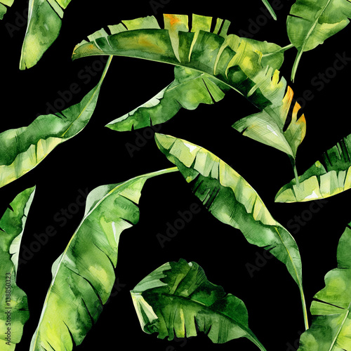 Seamless watercolor illustration of tropical leaves, dense jungle. Pattern wi...