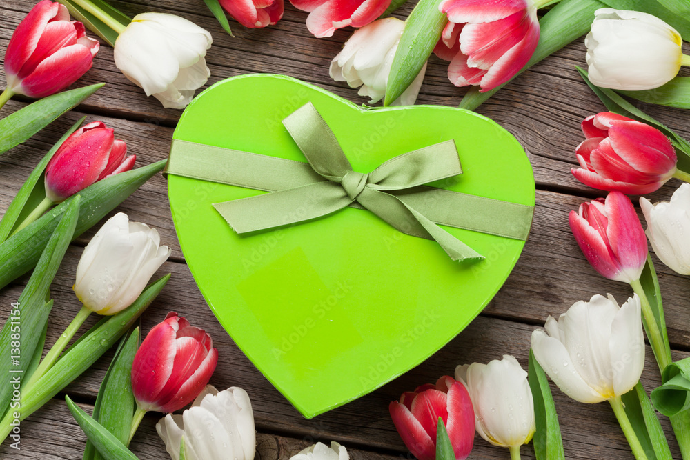 Colorful tulips and gift box Colorful tulips and gift box
