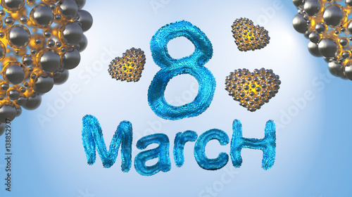 8 March symbol. Figure of eight made of blue city blocks or fur flying in the air with golden hearts . Can be used as a decorative greeting or postcard for international Woman's Day 3d illustration
