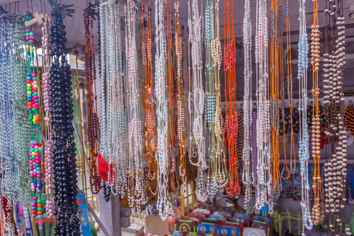 View of artificial chain beads hanging in a street shop, Chennai, India, Feb 19 2017