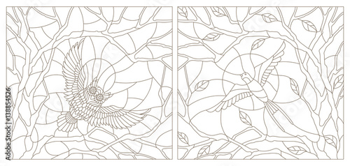 Set contour illustrations of stained glass with birds