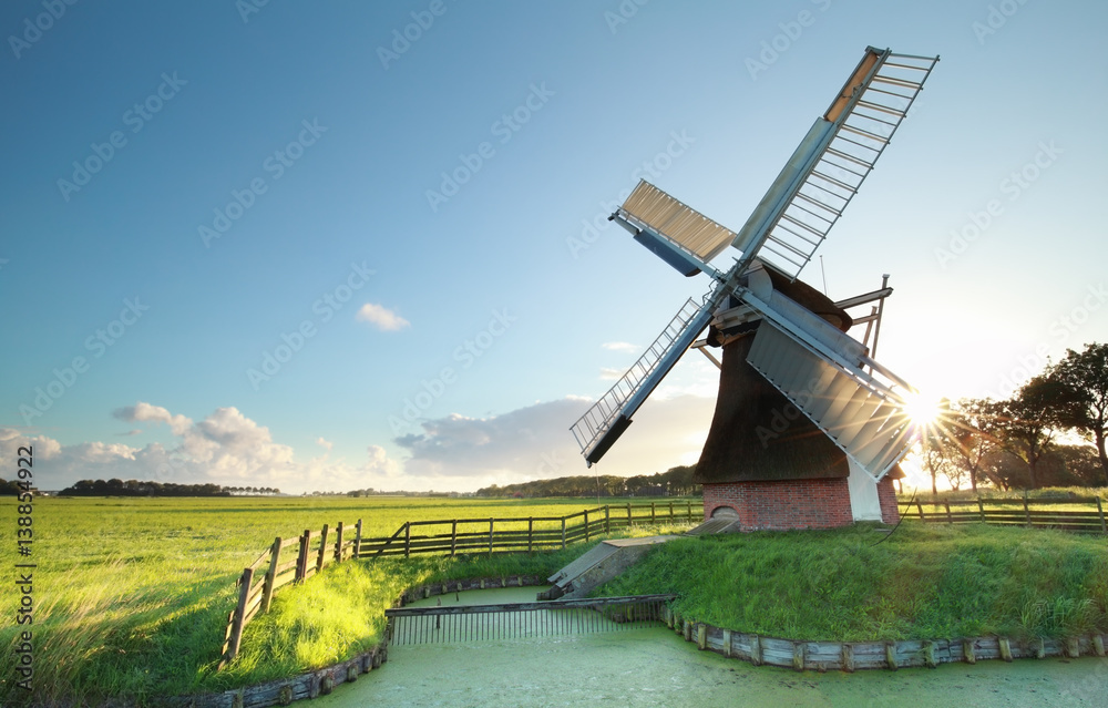 Dutch windmill at summer sunrise