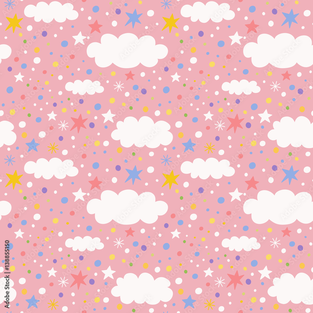 seamless pattern with clouds, stars and confetti