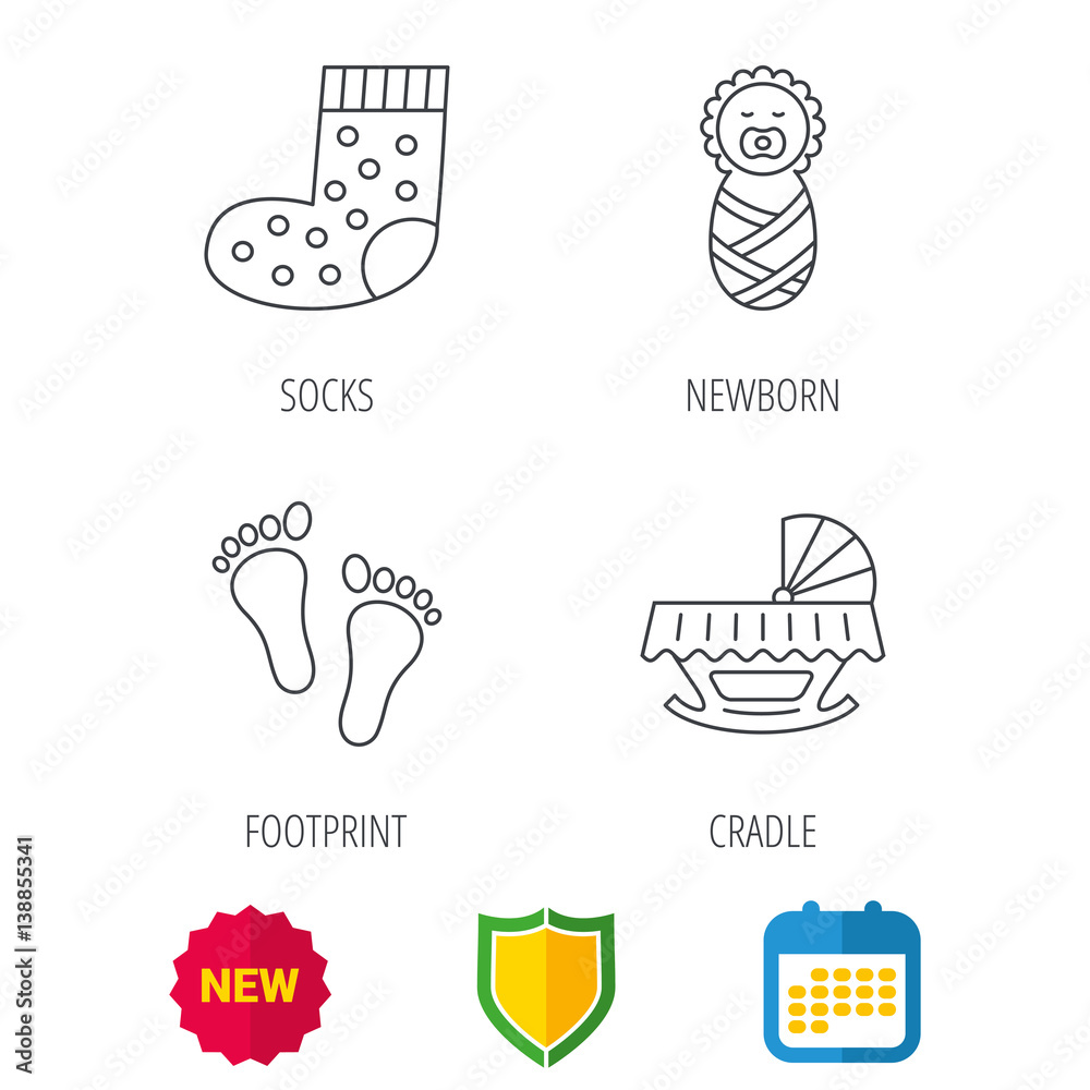 Footprint, cradle and newborn baby icons. Socks linear sign. Shield protection, calendar and new tag web icons. Vector Footprint, cradle and newborn baby icons. Socks linear sign. Shield protection, calendar and new tag web icons. Vector