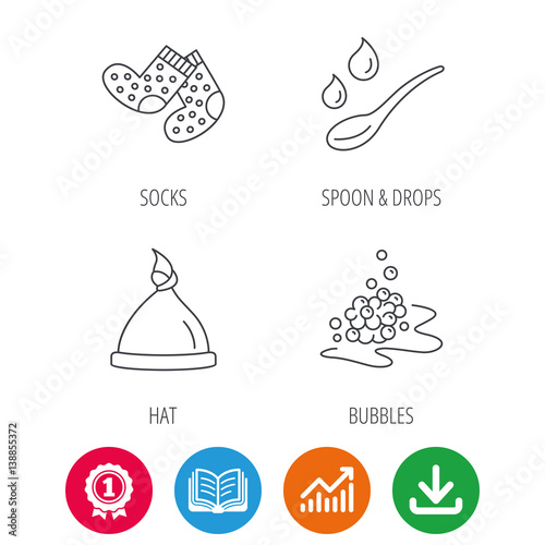 Baby clothes, bath and hat icons. Socks, spoon with drops and bubbles linear signs. Award medal, growth chart and opened book web icons. Download arrow. Vector