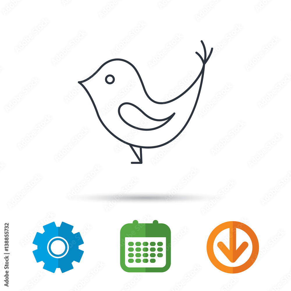 Bird with beak icon. Cute small fowl symbol. Social media concept sign. Calendar, cogwheel and download arrow signs. Colored flat web icons. Vector Bird with beak icon. Cute small fowl symbol. Social media concept sign. Calendar, cogwheel and download arrow signs. Colored flat web icons. Vector
