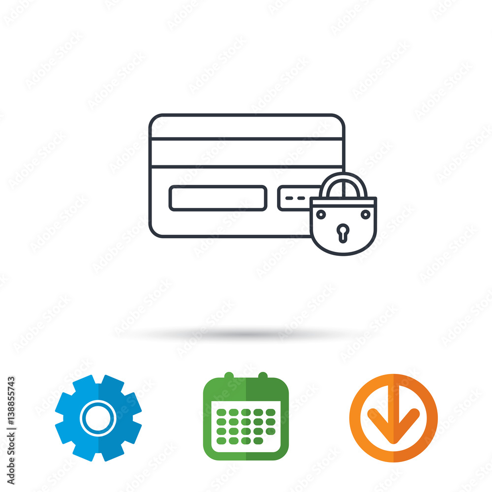 Blocked credit card icon. Shopping sign. Calendar, cogwheel and download arrow signs. Colored flat web icons. Vector Blocked credit card icon. Shopping sign. Calendar, cogwheel and download arrow signs. Colored flat web icons. Vector