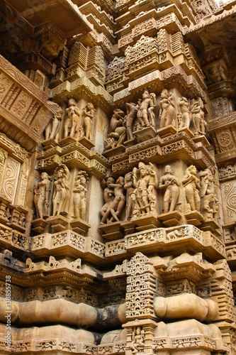 Close up of artful ancient carvings  Khajuraho Group of Monuments  India