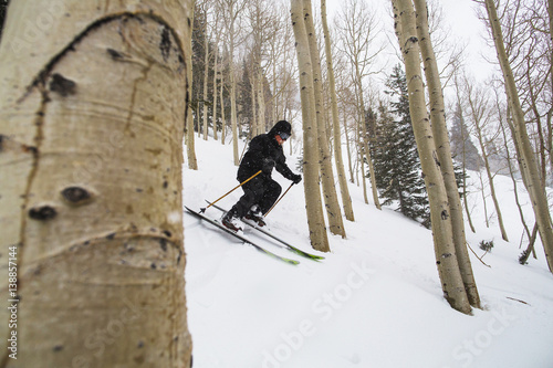 Man skiing in snowy woodland 