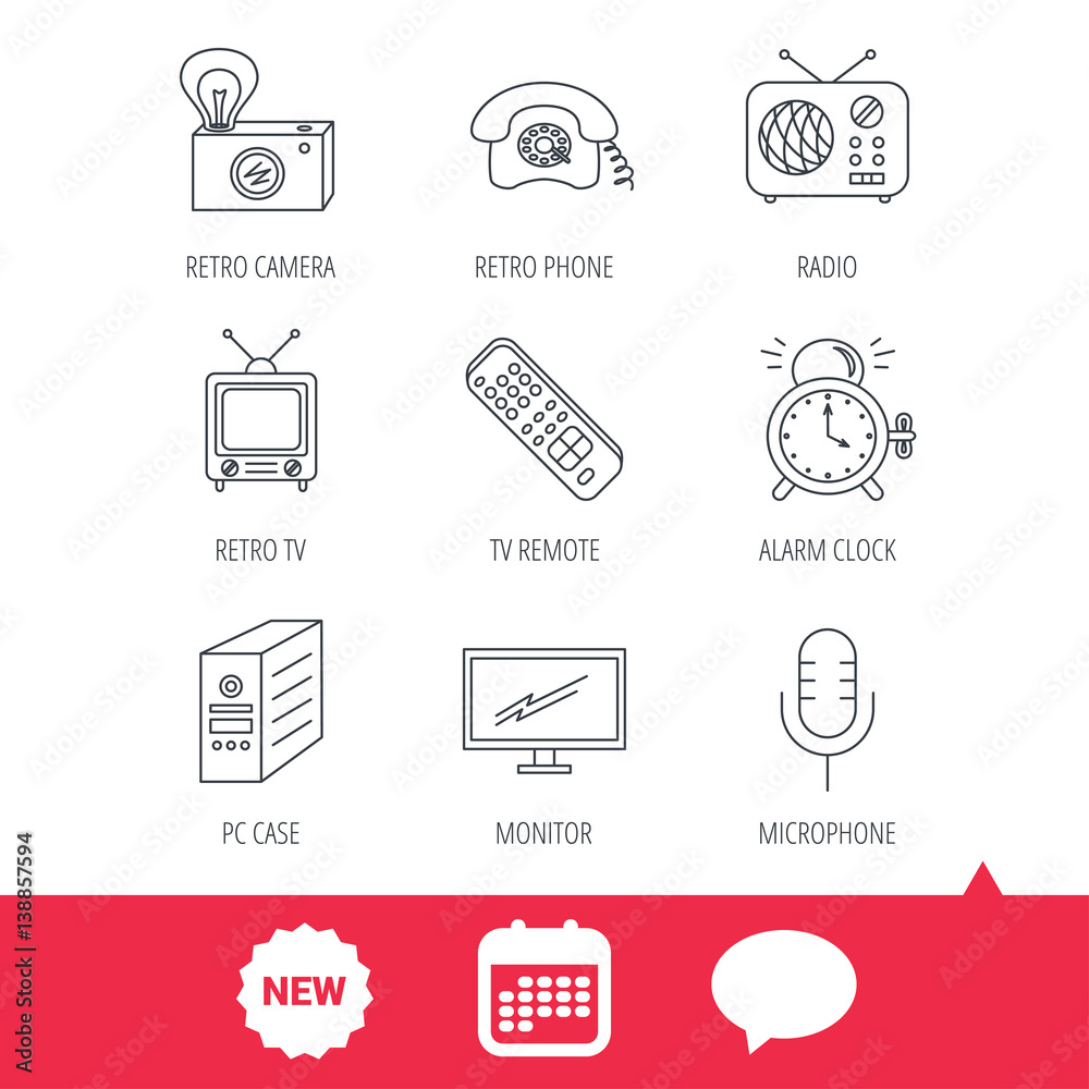 Retro camera, radio and phone call icons. Monitor, PC case and microphone linear signs. TV remote, alarm clock icons. New tag, speech bubble and calendar web icons. Vector Retro camera, radio and phone call icons. Monitor, PC case and microphone linear signs. TV remote, alarm clock icons. New tag, speech bubble and calendar web icons. Vector