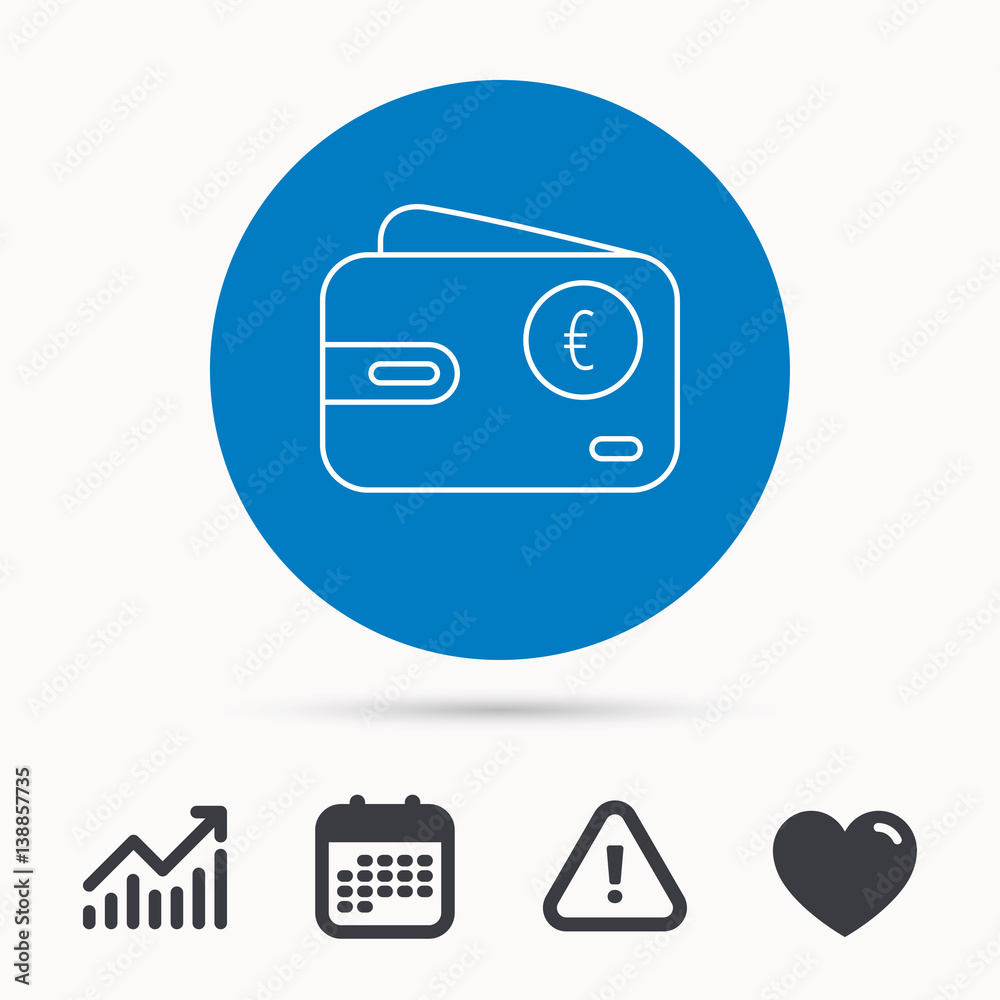 Euro wallet icon. EUR cash money bag sign. Calendar, attention sign and growth chart. Button with web icon. Vector Euro wallet icon. EUR cash money bag sign. Calendar, attention sign and growth chart. Button with web icon. Vector