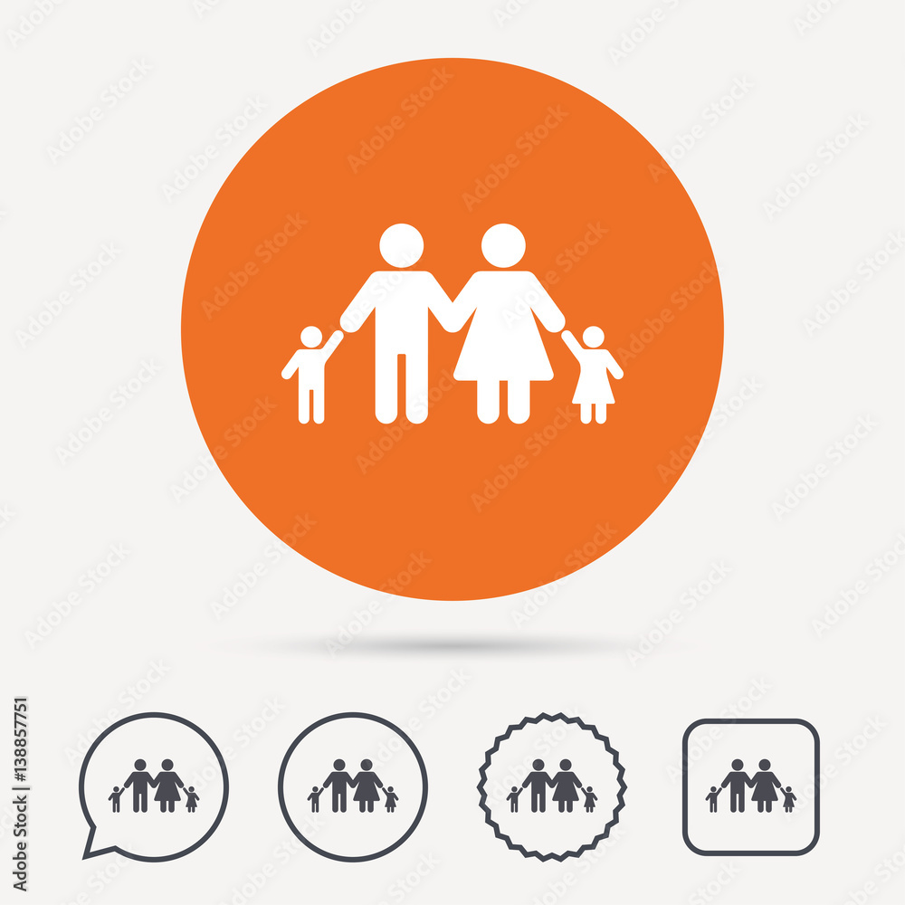 Family icon. Father, mother and child symbol. Circle, speech bubble and star buttons. Flat web icons. Vector Family icon. Father, mother and child symbol. Circle, speech bubble and star buttons. Flat web icons. Vector