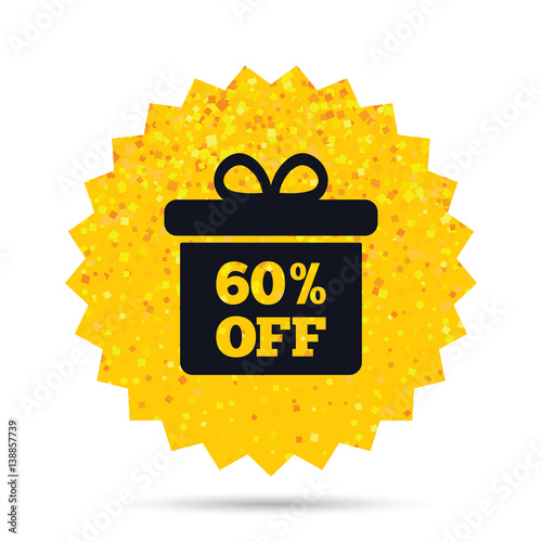 60 percent sale gift box tag sign icon.