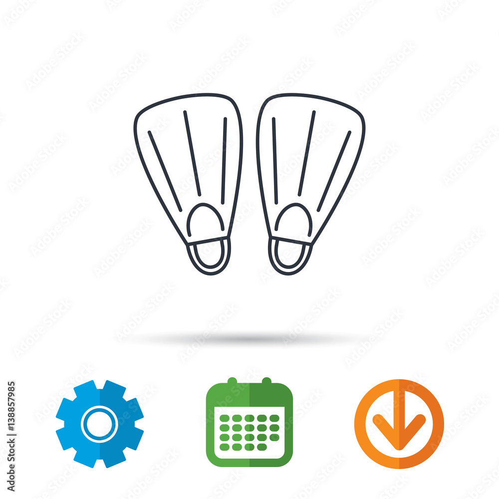 Swimming flippers icon. Diving sign symbol. Calendar, cogwheel and download arrow signs. Colored flat web icons. Vector Swimming flippers icon. Diving sign symbol. Calendar, cogwheel and download arrow signs. Colored flat web icons. Vector