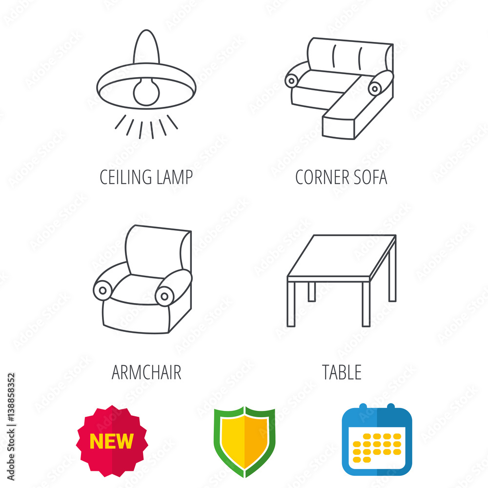Corner sofa, table and armchair icons. Ceiling lamp linear signs. Shield protection, calendar and new tag web icons. Vector Corner sofa, table and armchair icons. Ceiling lamp linear signs. Shield protection, calendar and new tag web icons. Vector