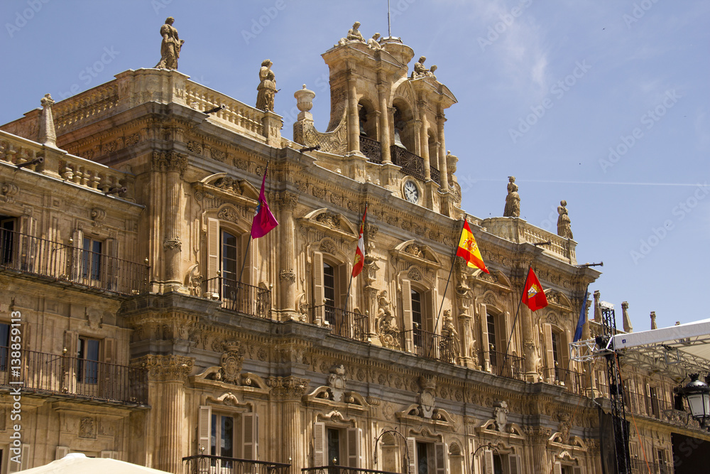 Flags on Plaza Mayor in Salamanca, Spain
