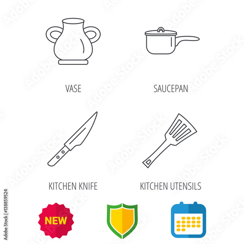 Saucepan, kithcen knife and utensils icons. Vase linear sign. Shield protection, calendar and new tag web icons. Vector