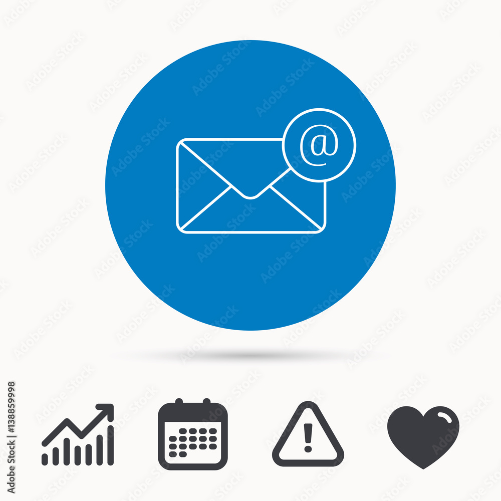 Envelope mail icon. Email message with AT sign. Internet letter symbol. Calendar, attention sign and growth chart. Button with web icon. Vector Envelope mail icon. Email message with AT sign. Internet letter symbol. Calendar, attention sign and growth chart. Button with web icon. Vector