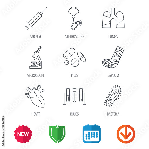 Broken foot, lungs and syringe icons. Stethoscope, pills and microscope linear signs. Bacteria, heart and lab bulbs flat line icons. New tag, shield and calendar web icons. Download arrow. Vector